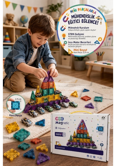 Magnetic Mini 93 Parça Manyetik Yapı Blokları 12 Arabalı Eğitici Oyun Seti - Kare Parça 3.75 Cm