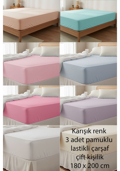 Pamuklu Lastikli Çift Kişilik Çarşaf 3 Adet Karışık Renkli 180x200 Cm Çok Renkli