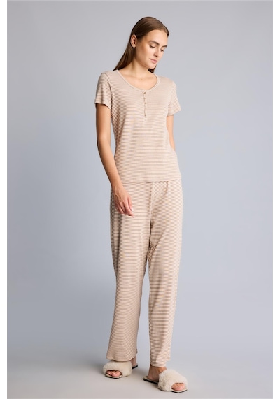Defacto Regular Fit Çizgili Düğmeli Kısa Kollu 2li Pijama Takımı F9838ax26aubg402 Bej-bg402