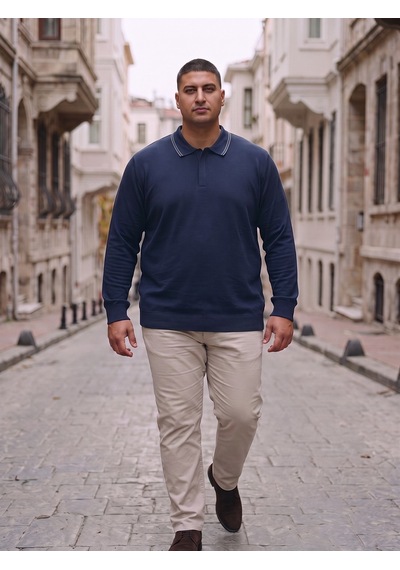 Maccali Erkek Lacivert Büyük Beden Gizli Fermuarlı Polo Yaka Triko Sweatshirt