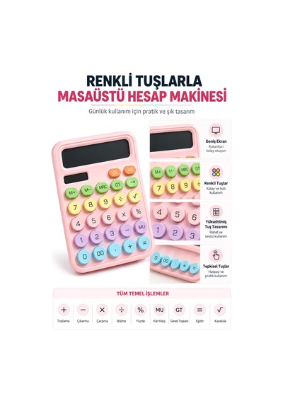 Lcd Ekran Hesap Makinesi 12 Haneli Hesap Makinesi Pastel Pembe