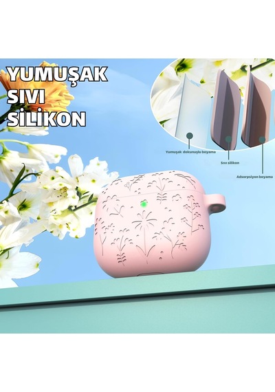 Airpods 4. Nesil Uyumlu Çiçek İşlemeli Premium Silikon Kulaklık Kılıfı Ve 3'ü 1 Arada Bluetooth Kulaklık Temizleme Kalemi Seti Pembe