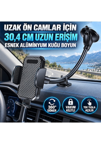 Dexxony Hp-a06 30 Cm Uzun Boyunlu Vakumlu Araç İçi Telefon Tutucu 360 Döner Başlık Siyah