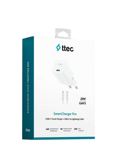 Ttec Smartcharger Gan 20W PD Seyahat Hızlı Şarj Aleti + USB-C - Lightning 150 CM Kablo