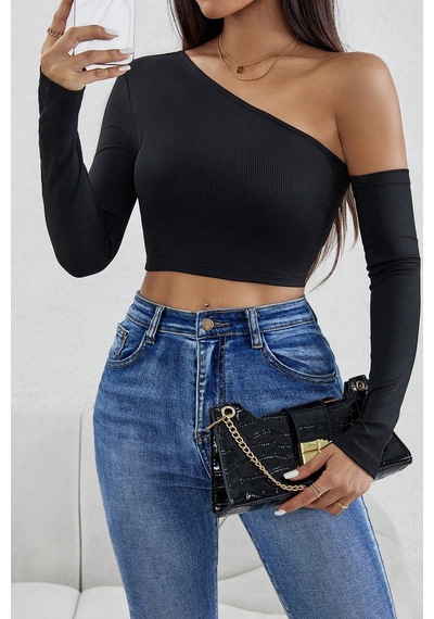 Moda Dua Kadın Siyah Tek Omuz Detaylı Uzun Kol Crop Top Bluz