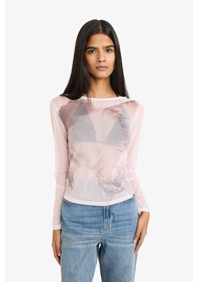 Defacto Fitted Kayık Yaka Baskılı Tül Uzun Kollu Tişört G8031ax26sppn74 Pembe-pn74