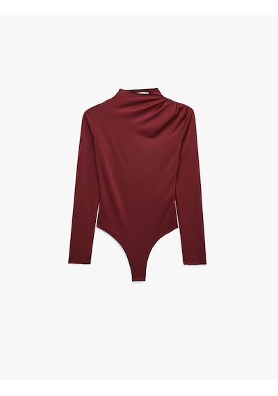 Koton Slim Fit Uzun Kollu Drape Detaylı Hafif Dik Yaka Bodysuit Bordo 7wak80008ek