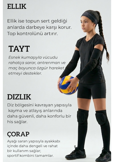 7 Parça Voleybol Seti- Voleybol Dizliği + Voleybol Taytı+ Voleybol Elliği+ Voleybol Çorap Siyah