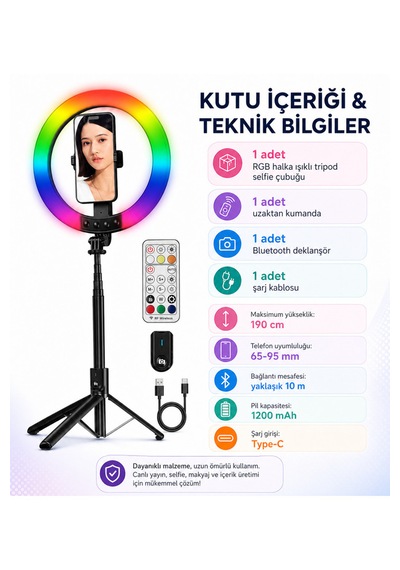1,9 Metre Rgb Halka Işık Selfie Çubuğu Ve Tripod, 32 Renkli Led Ring Light, Bluetooth