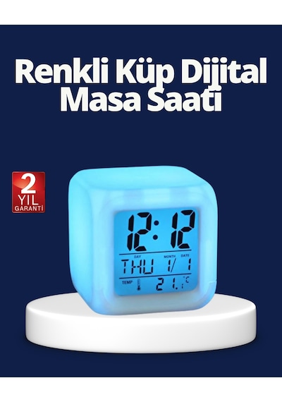 Renk Değiştiren Led Alarmlı Dijital Küp Masa Saati Gri - Siyah