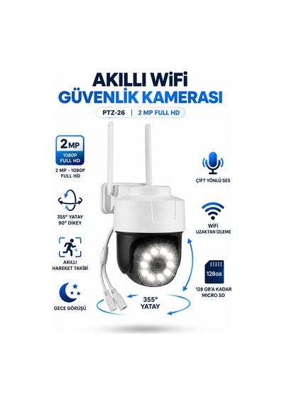 Ptz-26 Wifi Akıllı Güvenlik Kamerası 2mp 1080p Full Hd 355 Döner Hareket Takipli Gece Görüşlü Çift Yönlü Ses