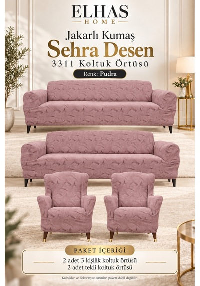 Jakarlı Kumaş Sehra Desen 3-3-1-1 Koltuk Örtüsü Çekyat Koltuk Kılıfı Pudra - 935039383 Pudra