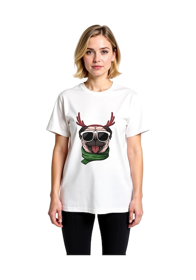 Paybuy Kadın Grafik Baskılı Gözlüklü Pug Boynuzlu Ren Geyiği Atkılı Raha Beyaz