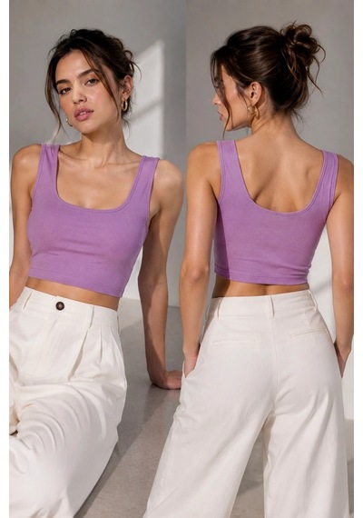 Bb Butik Basic Soft Touch Kare Yaka Crop Bluz Md3549 Lila