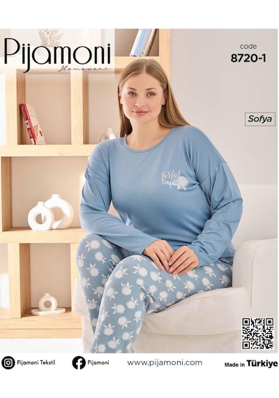 Pijamoni Kadın Sofya Büyük Beden Bisiklet Yaka Uzun Kol İnce Pijama Takımı 8720/1- 1 Adet Mavi