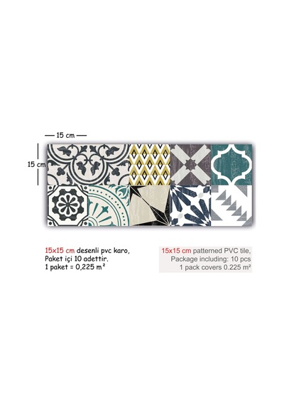 Tink Kendinden Yapışkanlı Retro Yeşil Desenli Pvc Karo Kaplama 15x15 Cm 10'lu Paket