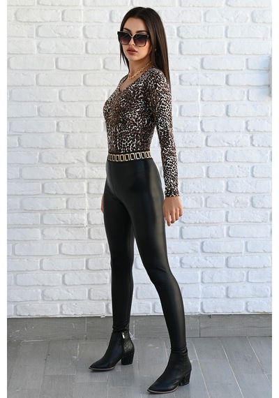 Kadın Deri Gold Yaldız Baskı Detaylı Tayt Pantolon 6125-23 001