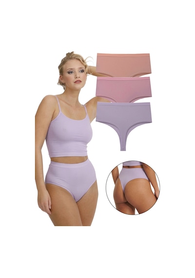Sensu Kadın Yüksek Bel Tanga Fitilli Külot 3'lü Paket Pembe Pembe