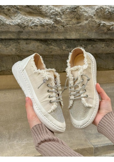 Erva'nın Butiği Bej Keten Jule Taş Bağcıklı Kadın Sneakers-5787
