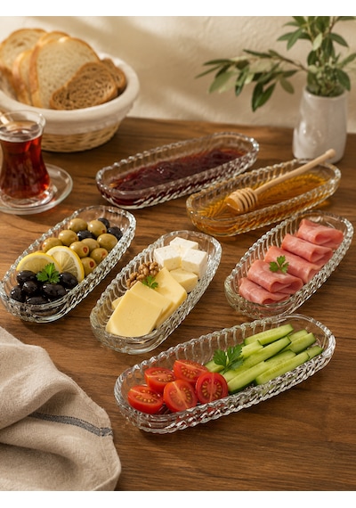6 Lı Cam Kayık Tabak Kahvaltılık Sunum Tabağı Kase 19cm Şeffaf