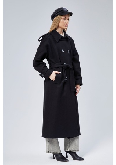 Kuşaklı Oversize Kaşe Kaban Siyah