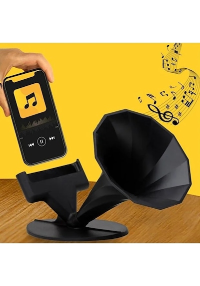 Telefon Pasif Hoparlör Ses Yükseltici Stand Vintage Gramofon Tasarımlı Akustik Amplifikatör Siyah