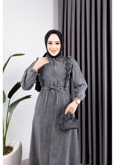 Harman Butik Kadın Fır Fırlı Belden Bağlamalı Denim Kot Elbise Siyah Siyah