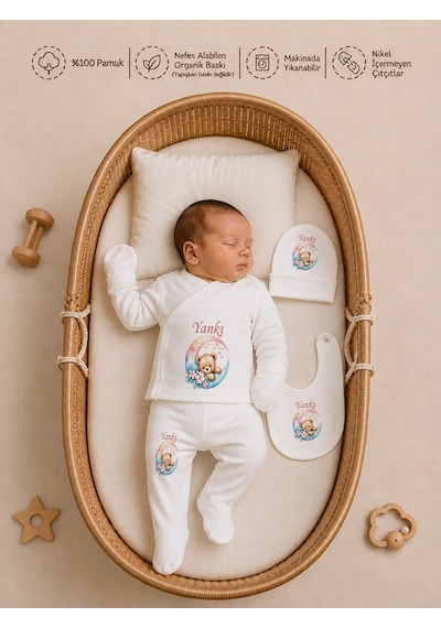 Pia Baby İsme Özel Erkek Bebek 4 Parça Tulum Seti %100 Pamuk Organik Baskılı Battaniyeli 2014bt3x Krem
