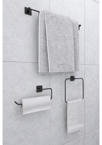 Alper Banyo Jasmin Siyah 3'Lü Yapışkanlı Banyo Seti Uzun Havluluk, Halka Havluluk Ve Solo Havluluk