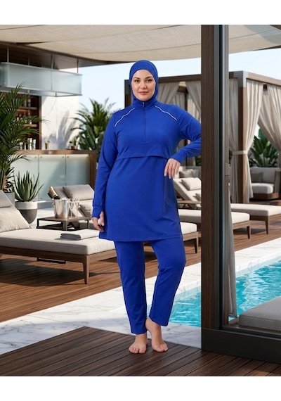 Pierre Cardin Büyük Beden Dik Yaka Yarım Fermuarlı Midi El Dar Paça Likralı Çift Boneli Tesettür Mayo Saks Pierre Cardin Büyük Beden Dik Yaka Yarım Fermuarlı Midi El Dar Paça Likralı Çift Boneli Tesettür Mayo Saks