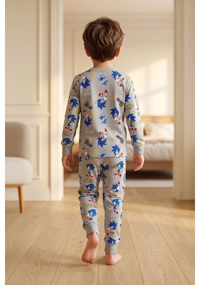 Zuzunga The Hedgehog Super Sonic Desenli %100 Pamuk Gri Renk Erkek Çocuk Pijama Takımı