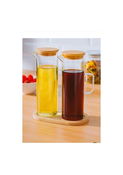 Bambu Altlıklı 2 Li Cam Yağlık & Sirkelik Seti 400 Ml Şeffaf