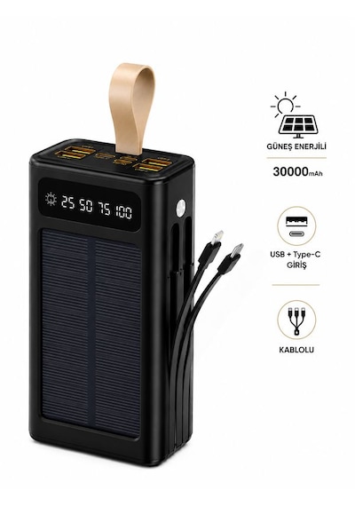 30000mah Güneş Enerjili Powerbank Lcd Ekran Usb Type-c Lightning Dahili Kablolu Taşınabilir Şarj Siyah