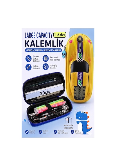 Araba Kabartmalı Bölmeli Kalemlik 1 Adet P-5953 Erkek Çocuk Okul Kalem Kutusu 3 Boyutlu Sevimli Karikatür Hediyelik Sarı