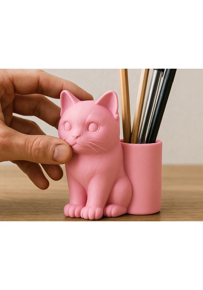 3d Baskı Kedi Figürlü Kalemlik - Masaüstü Organizer - Pembe renkli