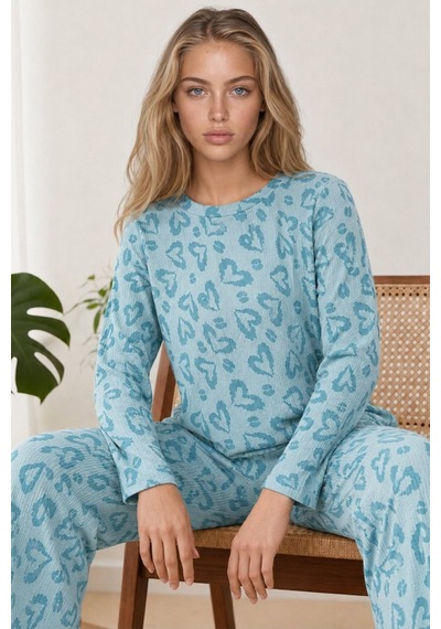 Kadın Desenli Uzun Kollu Mint Yeşili Pijama Takımı 4760