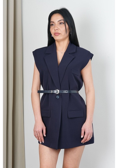 Rawea Kemerli Şal Yaka Blazer Yelek - Oversize & Pamuklu Lacivert