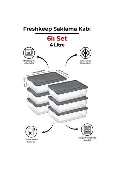 Freshkeep 6 Lı 4l Gri Saklama Kabı - Gıda Koruma, Mikrodalga Ve Dondurucu Uyumlu Gri