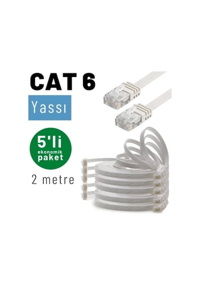 Irenıs 5 Adet 2 Metre Beyaz Cat6 Kablo Yassı Ethernet Network Lan Ağ İnternet Kablosu