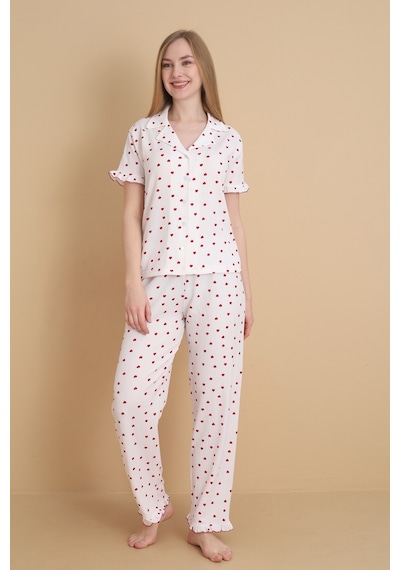 Wordex Mirano 3852 Kalp Desenli Bürümcük Gömlek Yaka Düğmeli Kısa Kollu Kadın Pijama Takımı Beyaz Wordex Mirano 3852 Kalp Desenli Bürümcük Gömlek Yaka Düğmeli Kısa Kollu Kadın Pijama Takımı Beyaz