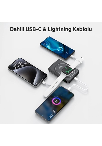 Bix Tpb16 10000 Mah Oled Ekranlı Manyetik Kablosuz Powerbank 20w Pd Hızlı Şarj Ve 15w Magsafe Siyah