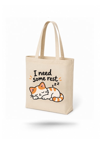 Lunora Collection I Need Some Rest Kedi Baskılı Körüklü Kanvas Bez Çanta Açık Ten