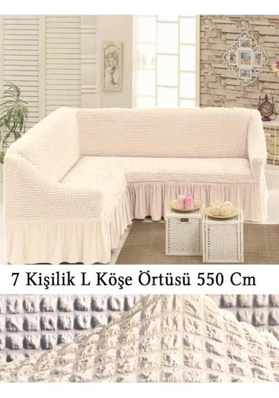 Upmall Bürümcük 7 Kişilik Köşe Koltuk, Kanepe Örtüsü, Koltuk Kılıfı, Lastikli, Etekli, L Köşe 550 Cm Krem Krem