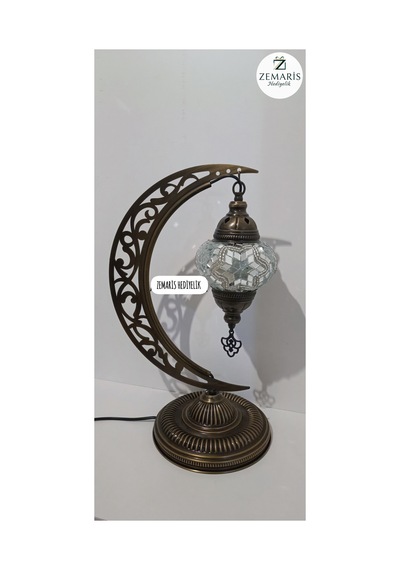 El Yapımı Otantik Mozaik Hilal Masa Lambası Abajur Beyaz - 719078231 Beyaz