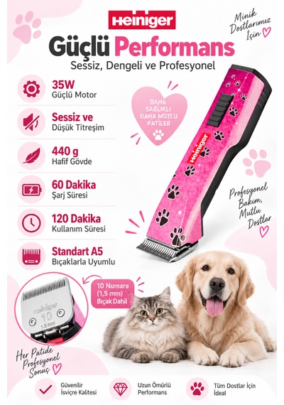 Heiniger Saphir Pink Kablosuz Kedi/köpek Tıraş Makinesi Yedek Bataryalı