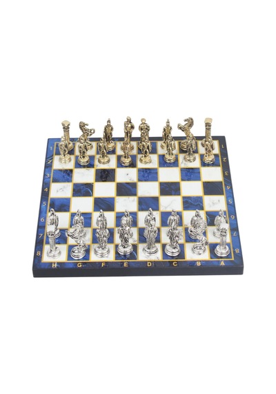 Lüks Metal Satranç Takımı Krom Kaplama Roma Ordusu Figür & Gök Mavi Mermer Desenli Tahta 20 Cm.