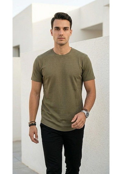 Plus Scorpion Erkek Slim Fit Basic Tişört Esnek, Terletmeyen Pike Dokulu Kumaş Haki