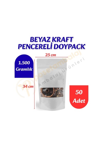 Beyaz Kraft Pencereli Doypack 25x34x12 Cm 50 Adet