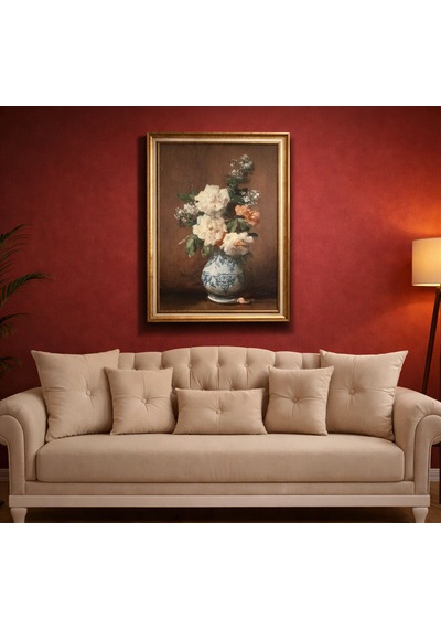 Vintage Gold Çerçeveli Tablo - Mavi Beyaz Vazoda Güller - 60x80 Cm