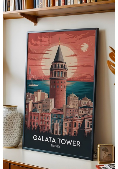 İstanbul Galata Kulesi Tablo - Retro Travel Poster - Şehir Serisi Duvar Dekoru - Çerçeveli Poster Siyah